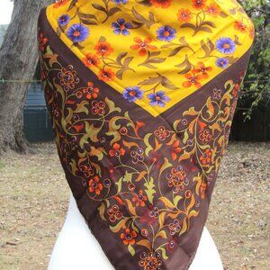 YSL Silk Scarf Boho Floral Brown Yves Saint Laurent 34" x 34" Square Vintage
